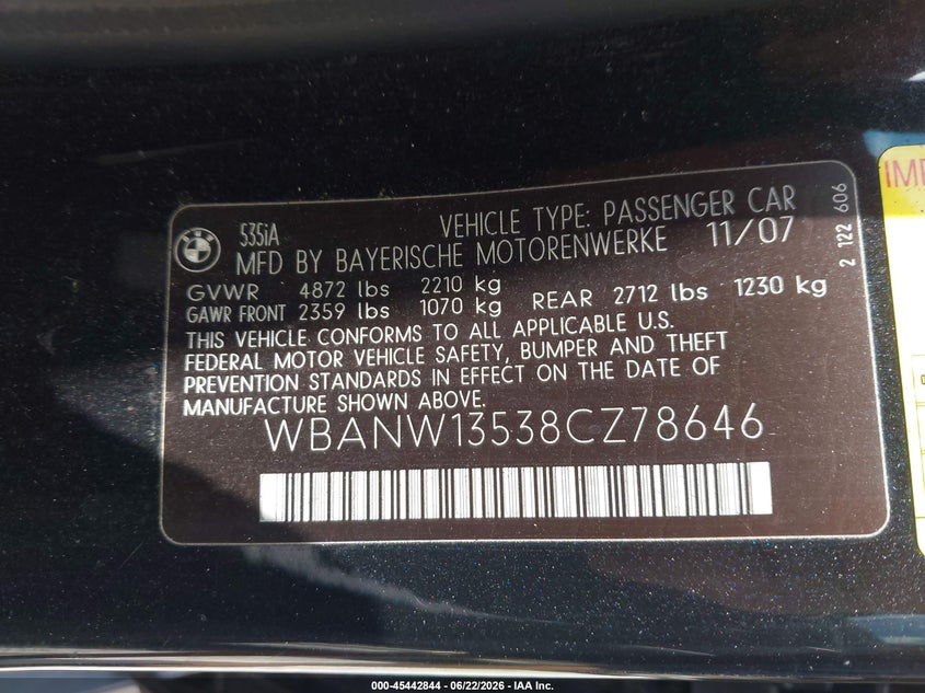 2008 BMW 5 series VIN WBANW13538CZ78646 IAAI salvage auction — WATER/FLOOD, Salvage (Mississippi), sold $300 on 2026-07-17 (photo 9)