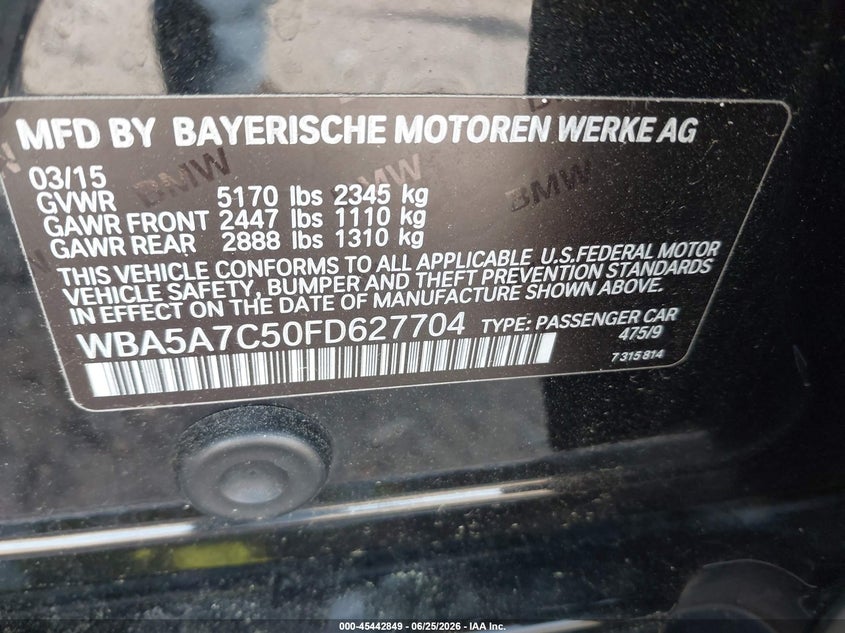2015 BMW 5er VIN WBA5A7C50FD627704 IAAI salvage auction — LEFT FRONT, Clear (Massachusetts), sold $3,225 on 2026-07-10 (photo 9)