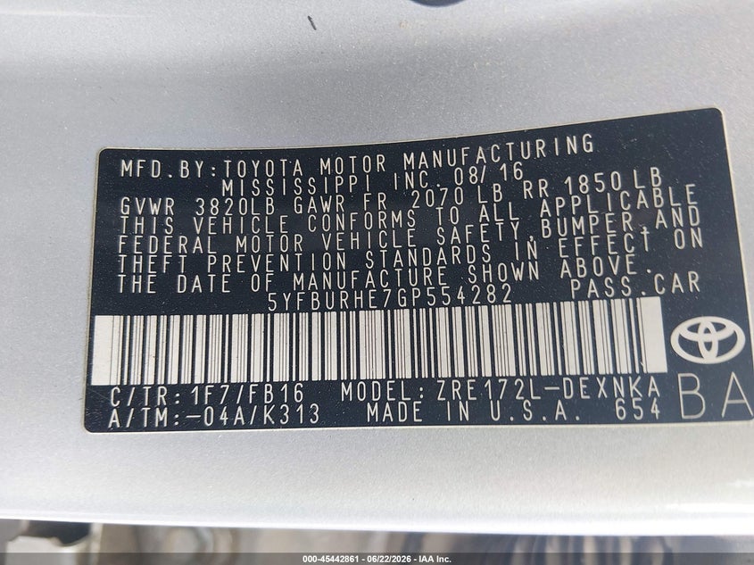2016 Toyota Corolla VIN 5YFBURHE7GP554282 IAAI salvage auction — REAR END, Salvage Title, sold $1,800 on 2026-07-22 (photo 9)