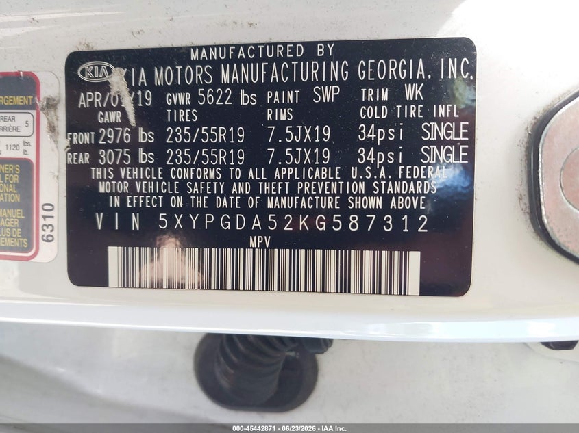 2019 Kia Sorento VIN 5XYPGDA52KG587312 IAAI salvage auction — REAR END, Salvage Title, sold $425 on 2026-07-28 (photo 9)