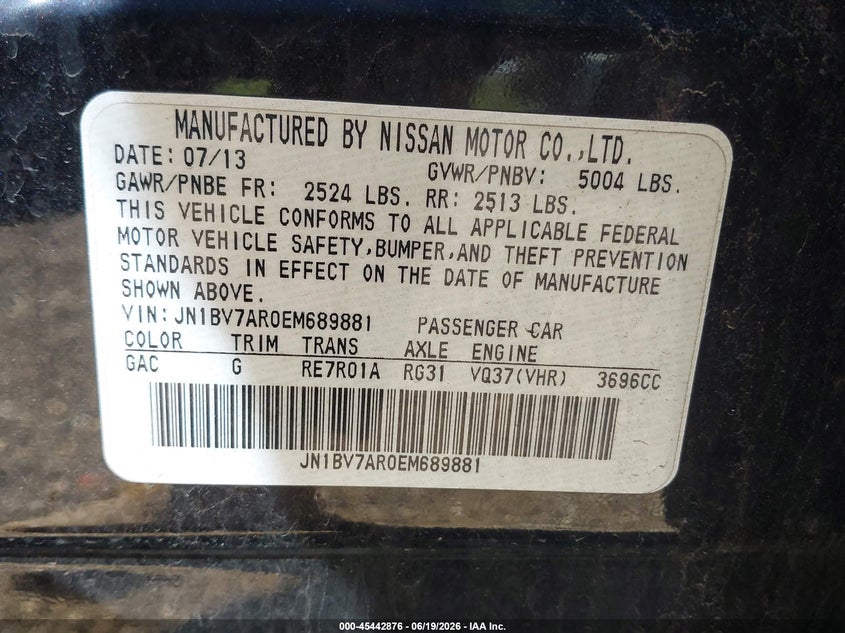 2014 Infiniti Q50 VIN JN1BV7AR0EM689881 IAAI salvage auction — NORMAL WEAR, Clear (Illinois), sold $1,200 on 2026-07-22 (photo 9)