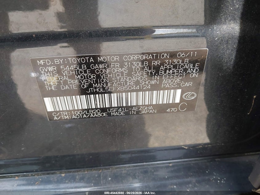 2011 Lexus Ls 460 VIN JTHGL5EFXB5044124 IAAI salvage auction — ENGINE DAMAGE, Salvage (Virginia), sold $675 on 2026-07-31 (photo 9)