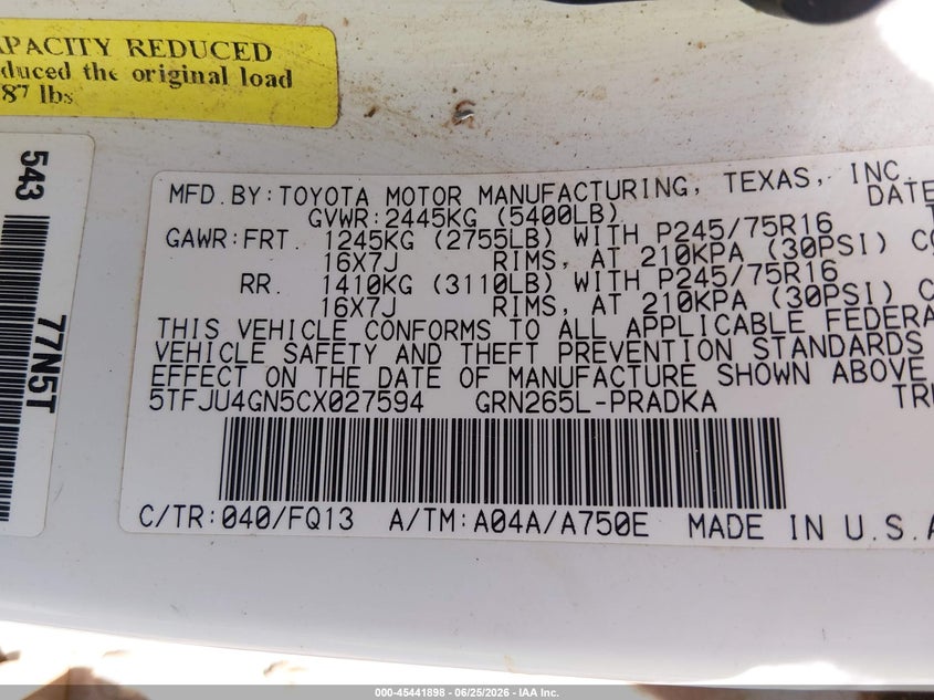 2012 Toyota Tacoma VIN 5TFJU4GN5CX027594 IAAI salvage auction — ROLLOVER, Salvage (Mississippi), sold $1,900 on 2026-07-23 (photo 9)