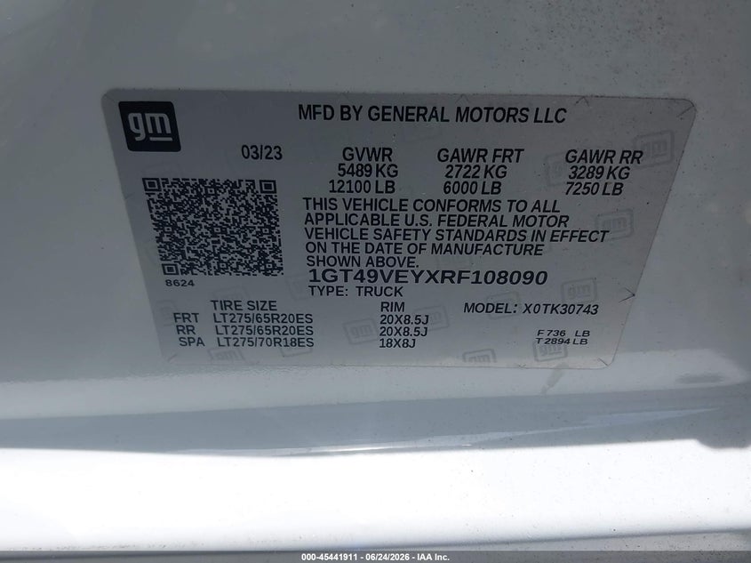 2024 Gmc SIERRA VIN 1GT49VEYXRF108090 IAAI salvage auction — RIGHT FRONT, Clear (South Carolina), sold $25,500 on 2026-07-21 (photo 8)