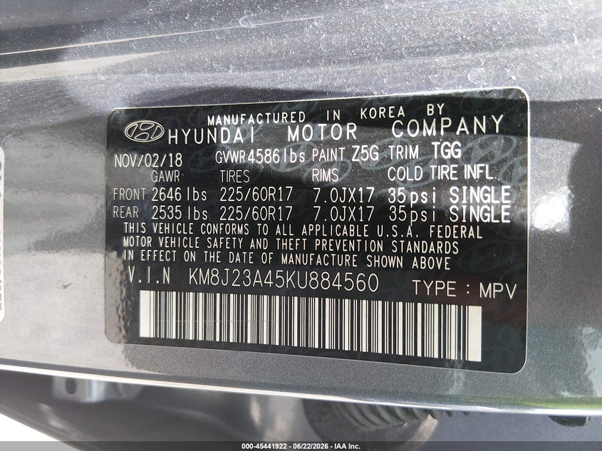 2019 Hyundai Tucson VIN KM8J23A45KU884560 IAAI salvage auction — FRONT END, Rebuildable (Florida), sold $1,550 on 2026-07-28 (photo 9)