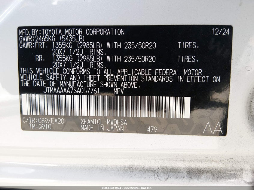 2025 Toyota Bz4x VIN JTMAAAAA7SA057761 IAAI salvage auction — REAR END, Salvage Title, sold $12,050 on 2026-08-24 (photo 9)