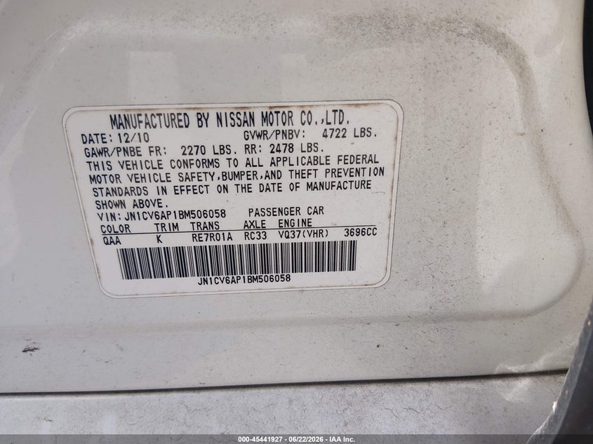 2011 Infiniti G VIN JN1CV6AP1BM506058 IAAI salvage auction — REAR END, Salvage (Louisiana), sold $500 on 2026-07-13 (photo 9)