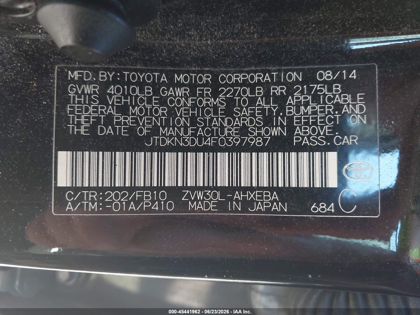 2015 Toyota Prius VIN JTDKN3DU4F0397987 IAAI salvage auction — FRONT END, Salvage Title, sold $850 on 2026-07-21 (photo 9)
