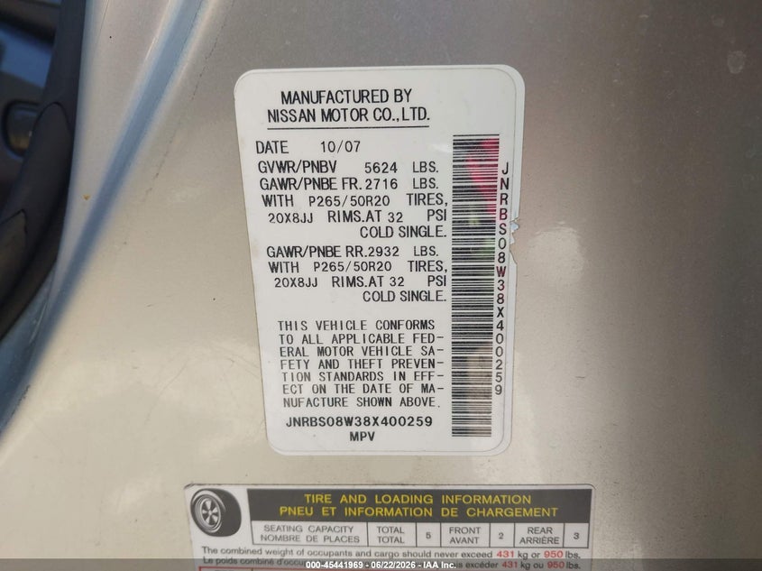 2008 Infiniti Fx45 VIN JNRBS08W38X400259 IAAI salvage auction — NORMAL WEAR, Clear-Dealer Only (Arizona), sold $275 on 2026-07-28 (photo 9)