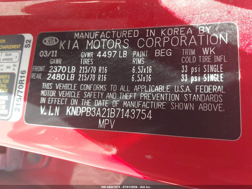2011 Kia Sportage VIN KNDPB3A21B7143754 IAAI salvage auction — VANDALISM, Salvage (Idaho), sold $625 on 2026-07-21 (photo 9)