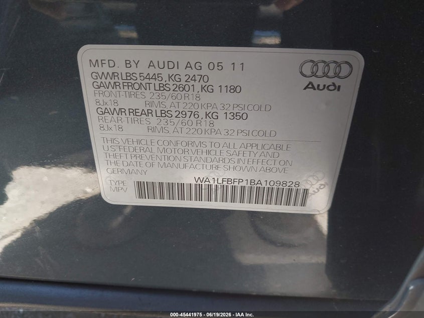 2011 Audi Q5 VIN WA1LFBFP1BA109828 IAAI salvage auction — REAR END, Salvage (California), sold $1,375 on 2026-07-24 (photo 9)