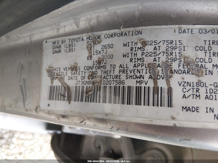 2001 Toyota 4runner VIN JT3GN86R110207586 IAAI salvage auction — NORMAL WEAR, Original (Kentucky), sold $375 on 2026-07-29 (photo 9)