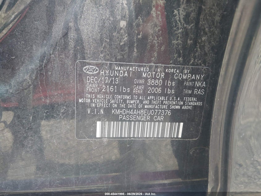 2014 Hyundai Elantra VIN KMHDH4AH8EU077376 IAAI salvage auction — NORMAL WEAR, Clear (Tennessee), sold $875 on 2026-07-16 (photo 9)