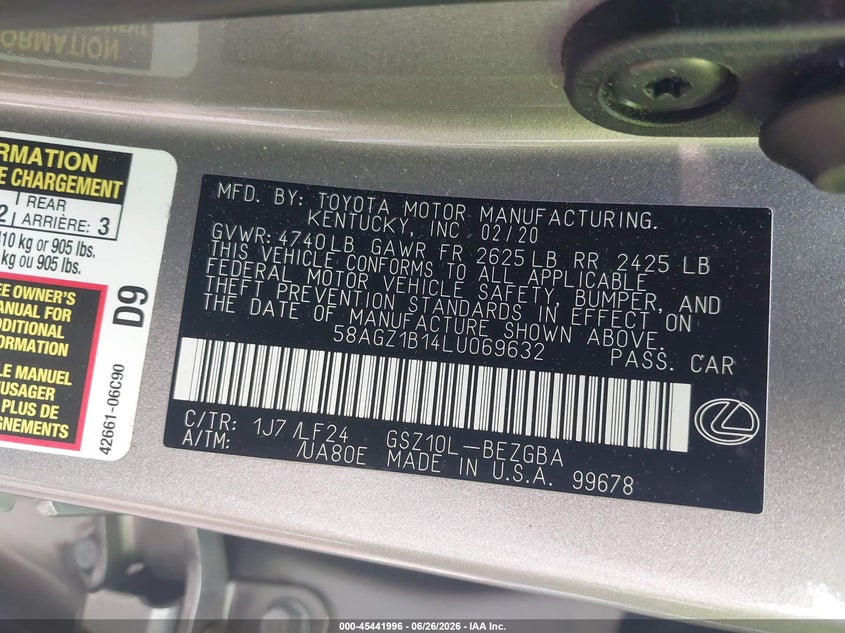 2020 Lexus ES VIN 58AGZ1B14LU069632 IAAI salvage auction — FRONT END, Salvage (Virginia), sold $7,400 on 2026-07-25 (photo 9)