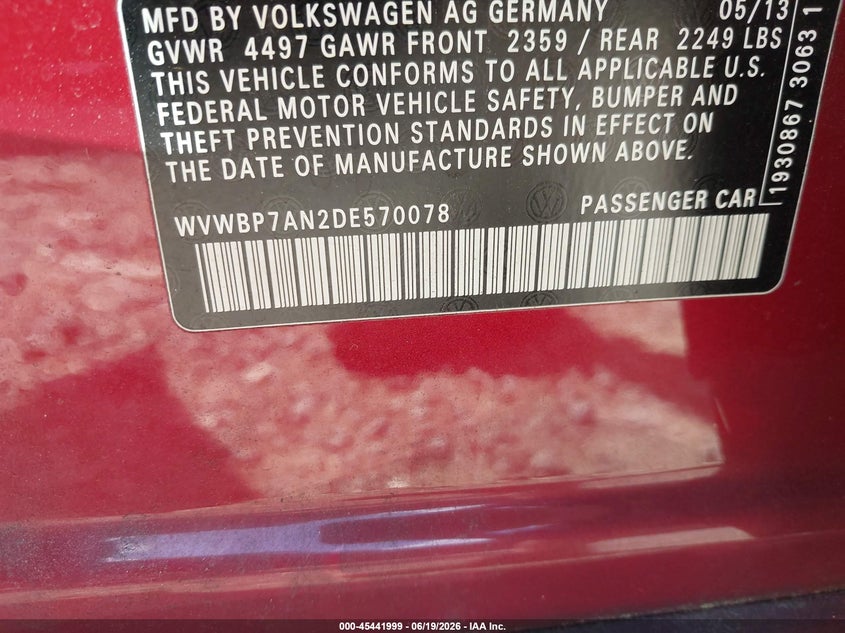 2013 Volkswagen Passat cc VIN WVWBP7AN2DE570078 IAAI salvage auction — NORMAL WEAR, Clear (Virginia), sold $400 on 2026-07-06 (photo 9)