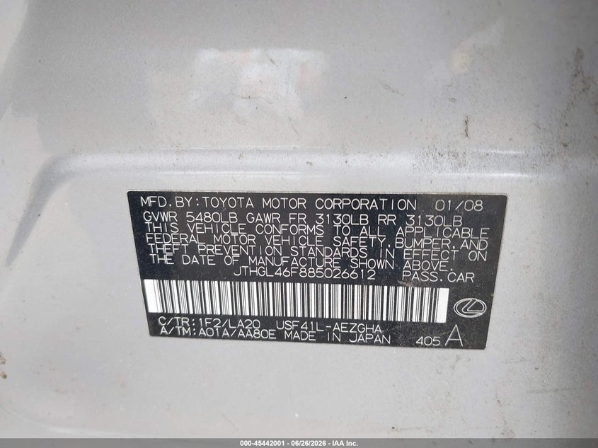 2008 Lexus Ls VIN JTHGL46F885026612 IAAI salvage auction — FRONT END, Rebuilt (Mississippi), sold $650 on 2026-07-22 (photo 9)