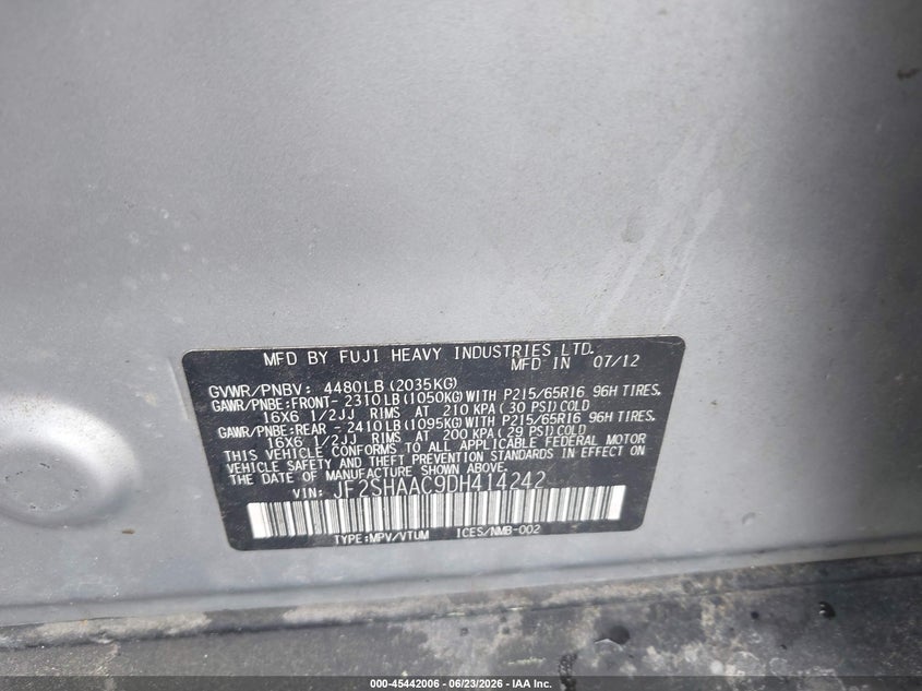 2013 Subaru Forester VIN JF2SHAAC9DH414242 IAAI salvage auction — NORMAL WEAR, Clear (Pennsylvania), sold $675 on 2026-07-31 (photo 9)
