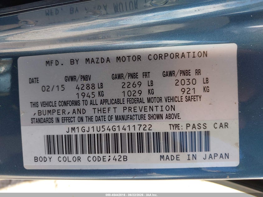 2016 Mazda 6 VIN JM1GJ1U54G1411722 IAAI salvage auction — FRONT END, Rebuildable (Florida), sold $350 on 2026-07-09 (photo 9)