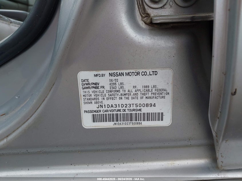 2003 Nissan Maxima VIN JN1DA31D23T500894 IAAI salvage auction — ENGINE DAMAGE, Rebuilt (Mississippi), sold $250 on 2026-07-29 (photo 9)
