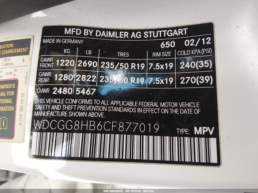 2012 Mercedes-benz Glk-klasse VIN WDCGG8HB6CF877019 IAAI salvage auction — REAR END, Salvage (Arizona), sold $2,075 on 2026-07-14 (photo 9)