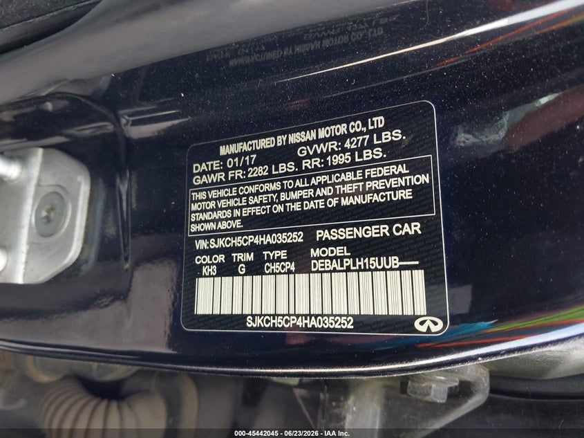 2017 Infiniti Qx30 VIN SJKCH5CP4HA035252 IAAI salvage auction — NORMAL WEAR, Original (Texas), sold $1,750 on 2026-07-21 (photo 9)