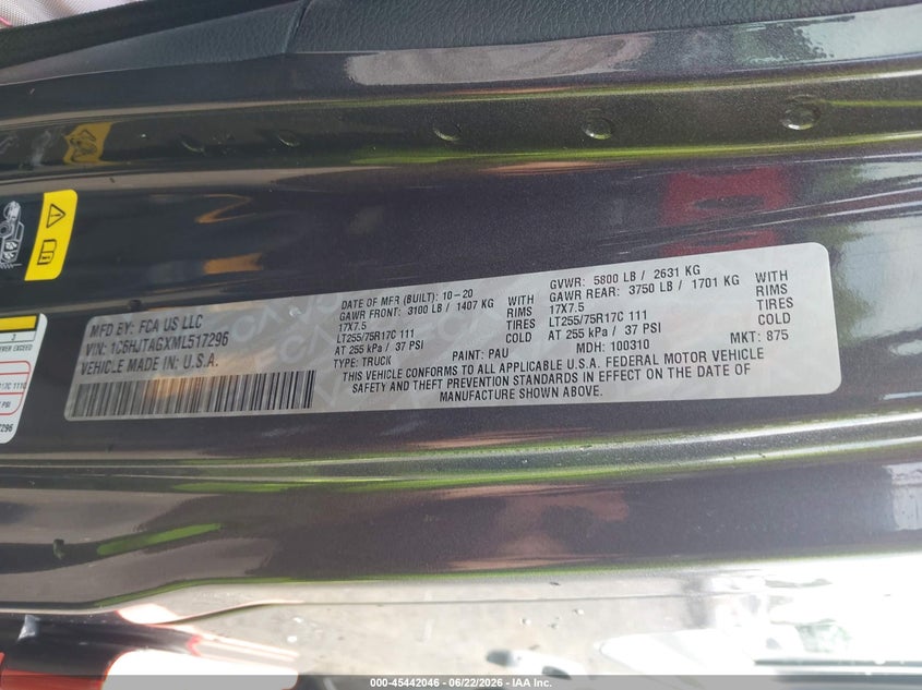 2021 Jeep Gladiator VIN 1C6HJTAGXML517296 IAAI salvage auction — FRONT END, Salvage Title, sold $8,000 on 2026-08-23 (photo 9)