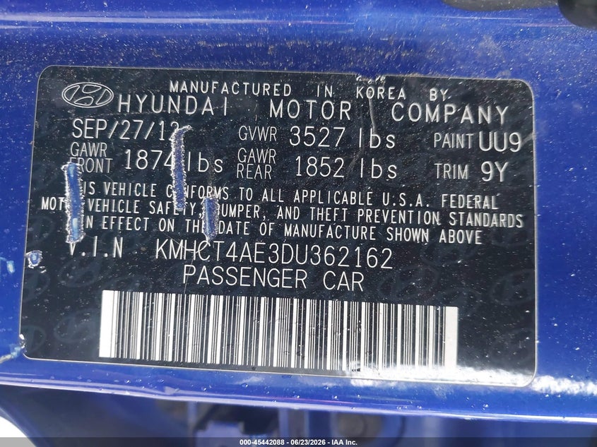 2013 Hyundai Accent VIN KMHCT4AE3DU362162 IAAI salvage auction — FRONT END, Salvage Title, sold $275 on 2026-07-22 (photo 9)