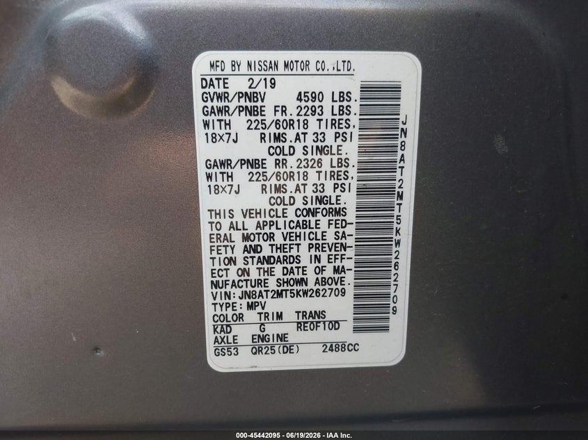 2019 Nissan Rogue VIN JN8AT2MT5KW262709 IAAI salvage auction — REAR END, Salvage (Missouri), sold $1,950 on 2026-07-22 (photo 9)