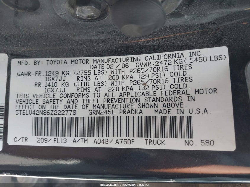 2006 Toyota Tacoma VIN 5TELU42N86Z222778 IAAI salvage auction — HAIL, Salvage (Iowa), sold $4,650 on 2026-07-14 (photo 9)