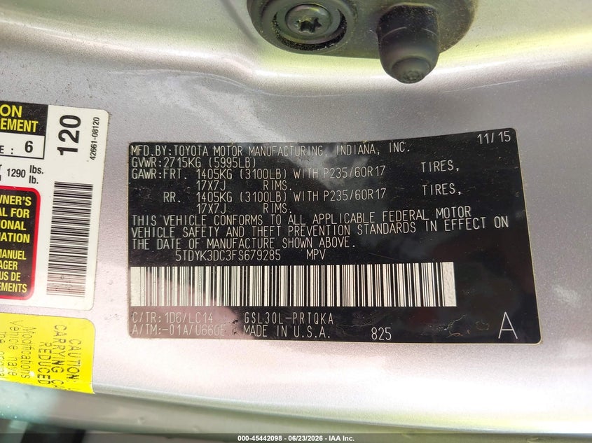 2015 Toyota Sienna VIN 5TDYK3DC3FS679285 IAAI salvage auction — FRONT & REAR, Bill Of Sale (Kentucky), sold $1,850 on 2026-07-30 (photo 9)