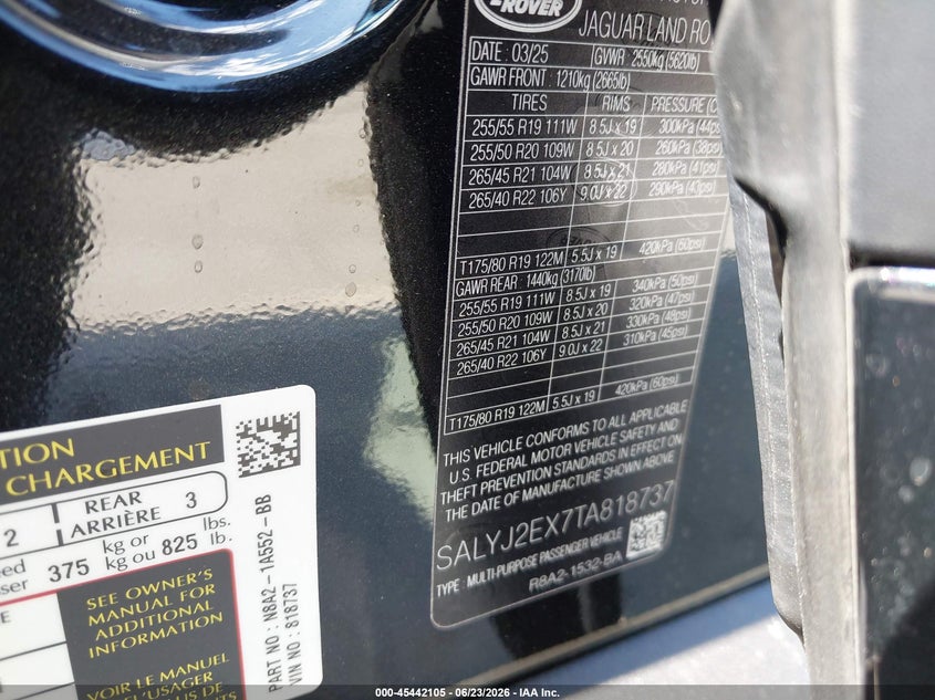 2026 Land rover Range rover velar VIN SALYJ2EX7TA818737 IAAI salvage auction — FRONT END, Salvage Title, sold $28,750 on 2026-08-02 (photo 9)
