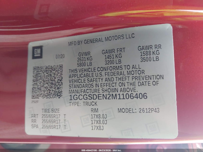2021 Chevrolet Colorado VIN 1GCGSDEN2M1106406 IAAI salvage auction — FRONT END, Clear (South Carolina), sold $7,100 on 2026-07-19 (photo 9)