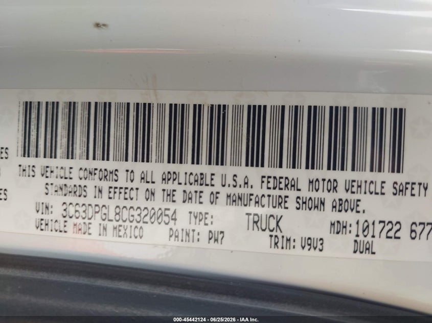 2012 Ram 3500 VIN 3C63DPGL8CG320054 IAAI salvage auction — HAIL, Original (Texas), sold $12,500 on 2026-08-03 (photo 8)