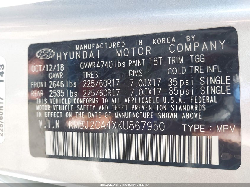 2019 Hyundai Tucson VIN KM8J2CA4XKU867950 IAAI salvage auction — FRONT END, Salvage (Ohio), sold $3,300 on 2026-07-22 (photo 9)