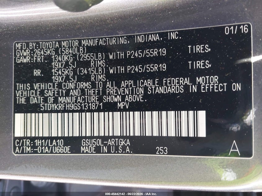 2016 Toyota Highlander VIN 5TDYKRFH9GS131871 IAAI salvage auction — FRONT END, Rebuildable (Florida), sold $3,000 on 2026-07-08 (photo 9)