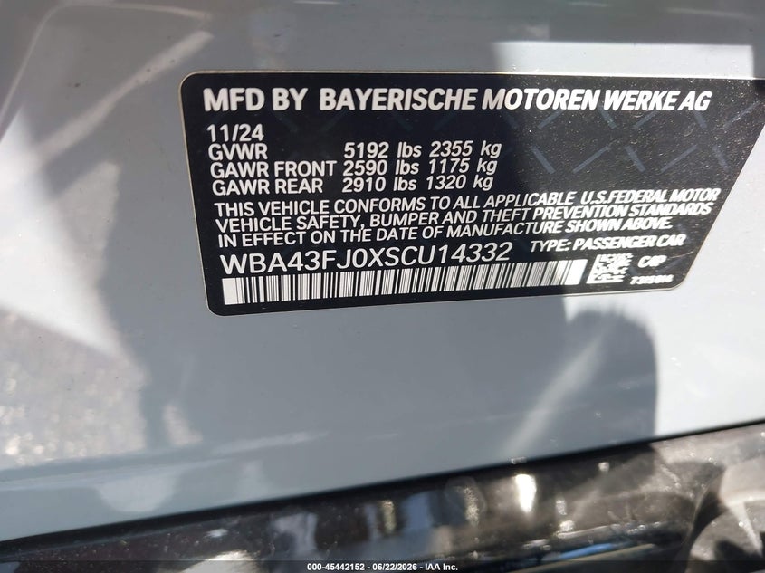2025 BMW 5er VIN WBA43FJ0XSCU14332 IAAI salvage auction — FRONT END, Salvage Title, sold $18,900 on 2026-07-30 (photo 9)