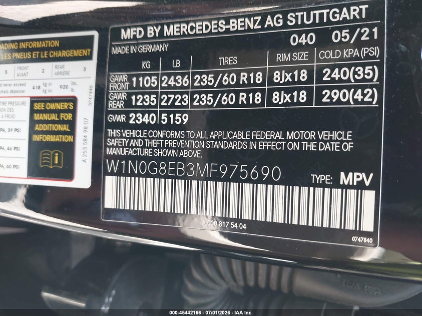 2021 Mercedes-benz VIN W1N0G8EB3MF975690 IAAI salvage auction — FRONT END, Salvage Title, sold $13,000 on 2026-07-29 (photo 9)
