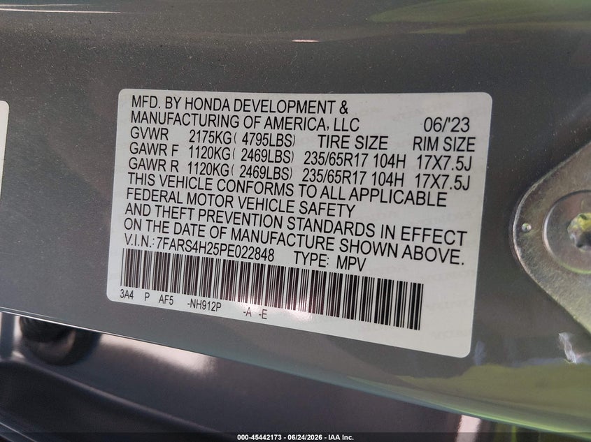 2023 Honda Cr-v VIN 7FARS4H25PE022848 IAAI salvage auction — FRONT END, Salvage Title, sold $9,700 on 2026-08-01 (photo 9)