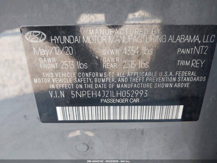 2020 Hyundai Sonata VIN 5NPEH4J21LH052993 IAAI salvage auction — FRONT END, Rebuildable (Florida), sold $5,800 on 2026-07-28 (photo 9)