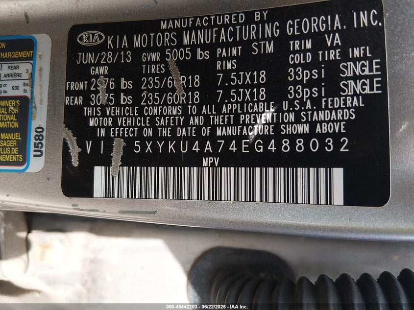 2014 Kia Sorento VIN 5XYKU4A74EG488032 IAAI salvage auction — NORMAL WEAR, Clear (Illinois), sold $825 on 2026-07-21 (photo 9)