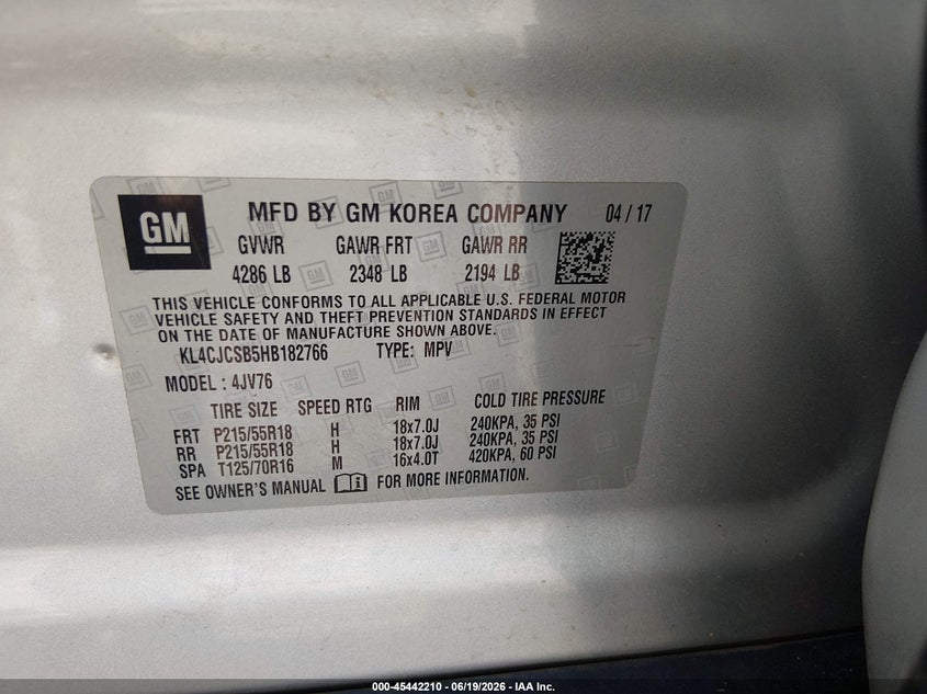 2017 Buick Encore VIN KL4CJCSB5HB182766 IAAI salvage auction — NORMAL WEAR, Clear (South Carolina), sold $1,500 on 2026-07-29 (photo 9)