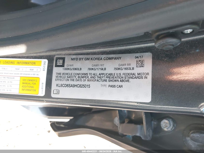 2017 Chevrolet Spark VIN KL8CD6SA9HC825015 IAAI salvage auction — FRONT END, Salvage Title, sold $1,350 on 2026-07-15 (photo 9)