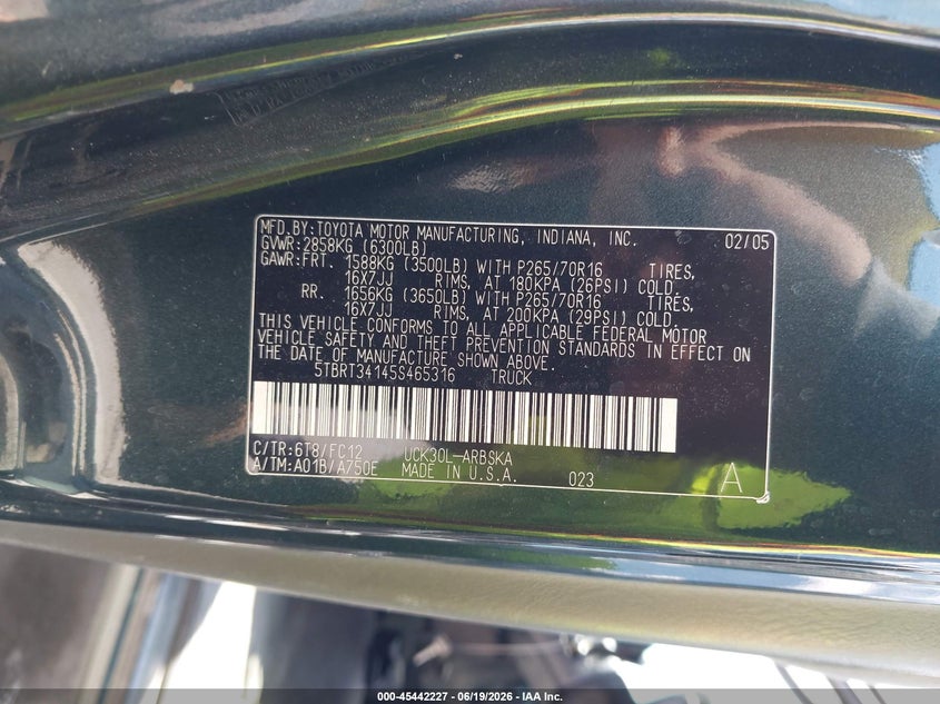 2005 Toyota Tundra VIN 5TBRT34145S465316 IAAI salvage auction — UNDERCARRIAGE, Salvage (California), sold $1,800 on 2026-07-29 (photo 9)