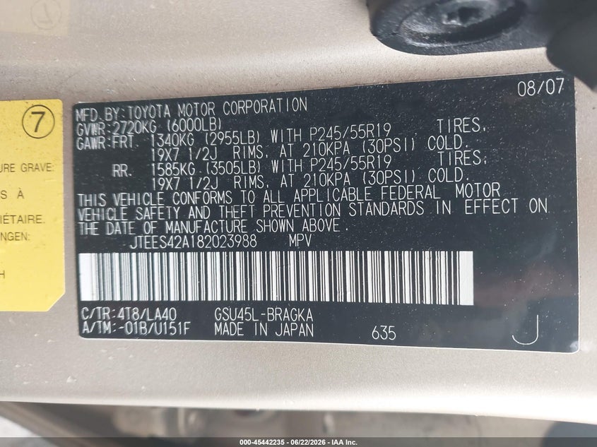 2008 Toyota Highlander VIN JTEES42A182023988 IAAI salvage auction — NORMAL WEAR, Clear (New Jersey), sold $1,400 on 2026-07-16 (photo 9)