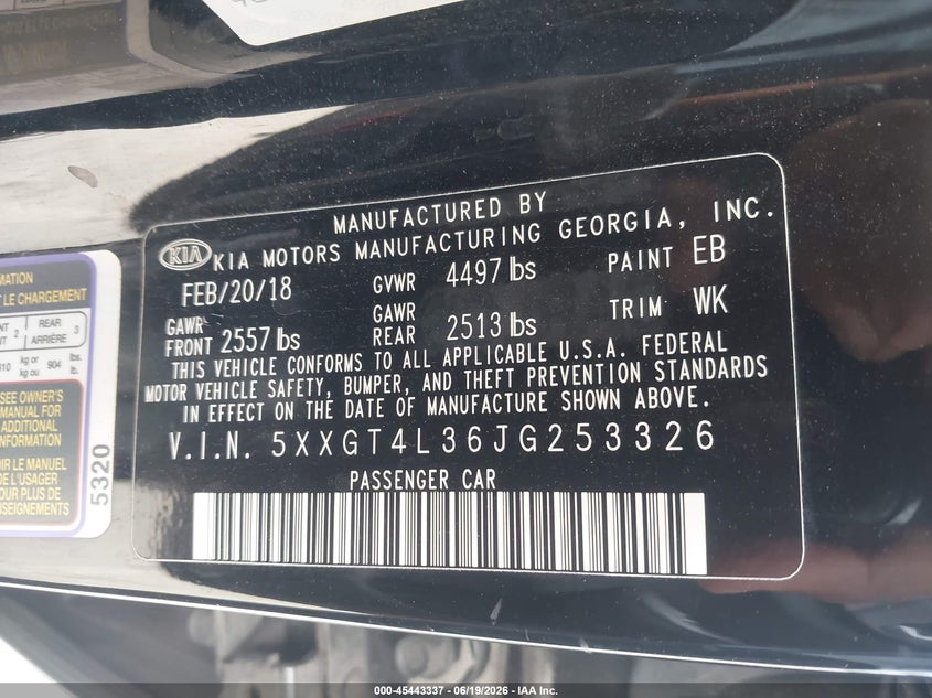 2018 Kia Optima VIN 5XXGT4L36JG253326 IAAI salvage auction — NORMAL WEAR, Clear - Dealer Only (California), sold $3,850 on 2026-07-29 (photo 9)