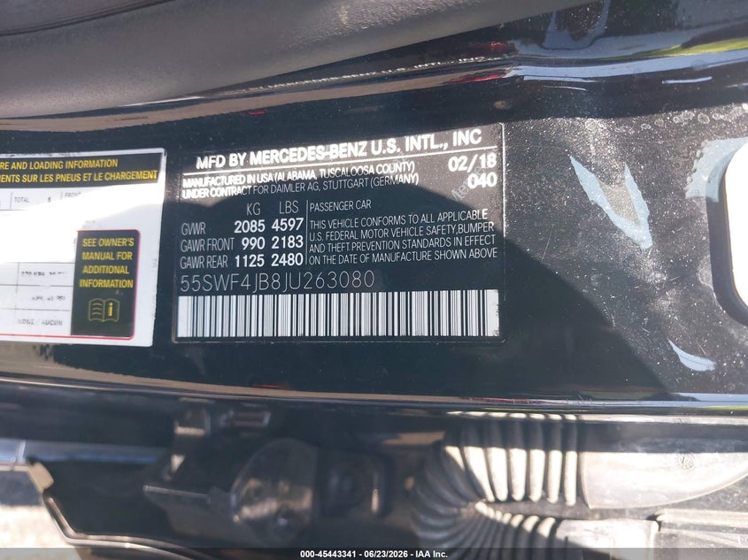 2018 Mercedes-benz C-klasse VIN 55SWF4JB8JU263080 IAAI salvage auction — RIGHT FRONT, Salvage Title, sold $5,400 on 2026-07-24 (photo 9)
