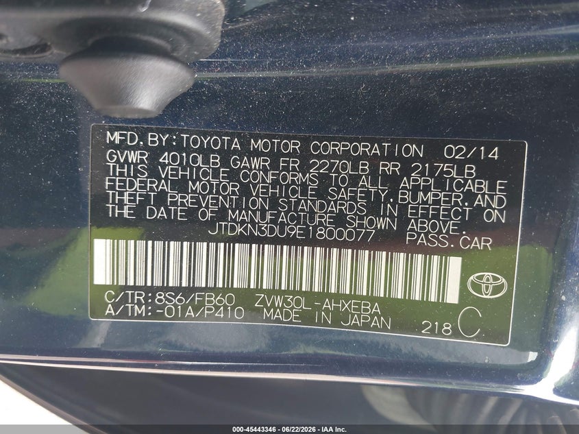 2014 Toyota Prius VIN JTDKN3DU9E1800077 IAAI salvage auction — REAR END, Salvage - Greater Than 75% (Maryland), sold $1,100 on 2026-07-09 (photo 9)