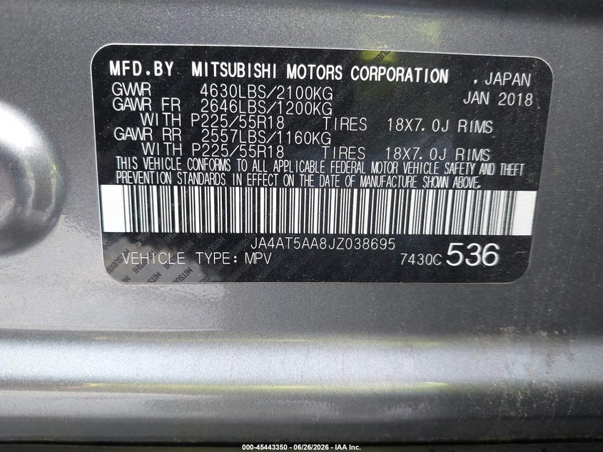 2018 Mitsubishi Eclipse cross VIN JA4AT5AA8JZ038695 IAAI salvage auction — FRONT END, Salvage Title, sold $75 on 2026-07-23 (photo 9)