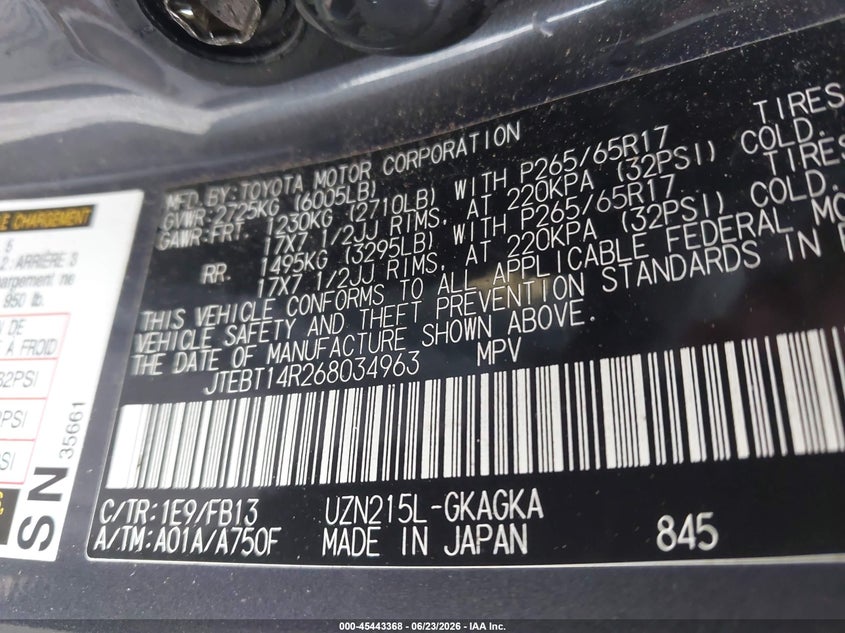 2006 Toyota 4runner VIN JTEBT14R268034963 IAAI salvage auction — STORM DAMAGE, Salvage (Virginia), sold $3,450 on 2026-07-10 (photo 9)