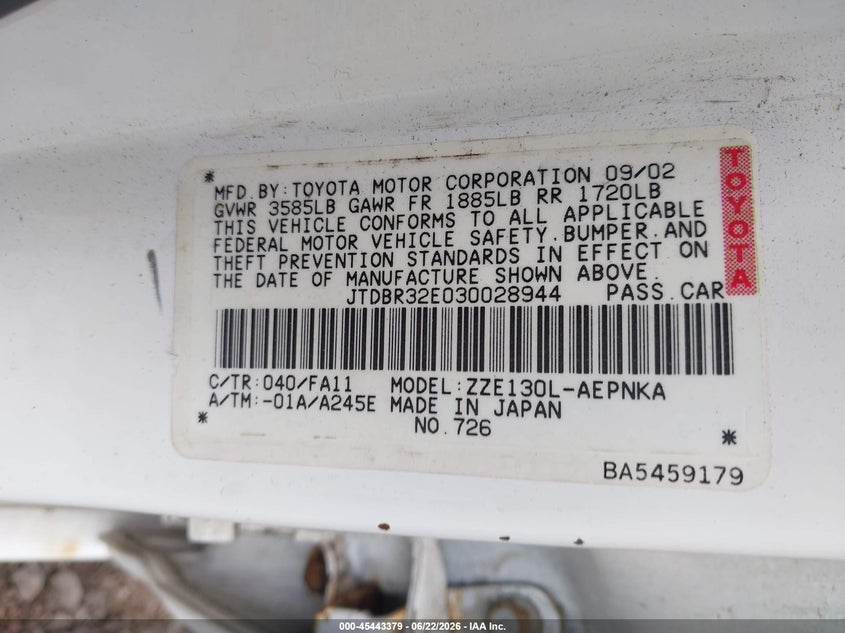 2003 Toyota Corolla VIN JTDBR32E030028944 IAAI salvage auction — NORMAL WEAR, Clear (New Jersey), sold $550 on 2026-07-08 (photo 9)